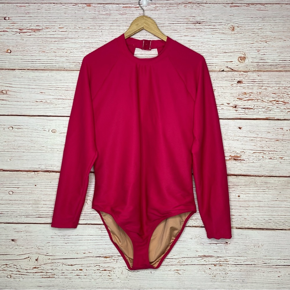New J Crew Active Ribbed Long Sleeve One Piece Swim Suit in Wild Hibiscus Sz 20 - Picture 14 of 16
